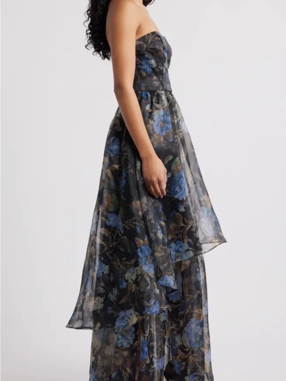 Lulu's Strapless Black and Blue Floral High-Low Dress - Picture 2 of 4